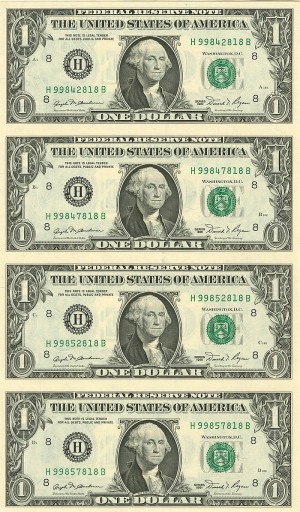 Uncut Sheet of 4 $1 U.S. notes